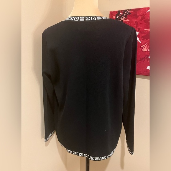 Two Two Boutique Black Cardigan,White Geometric Trim, Crystal buttons, size L - Picture 6 of 10